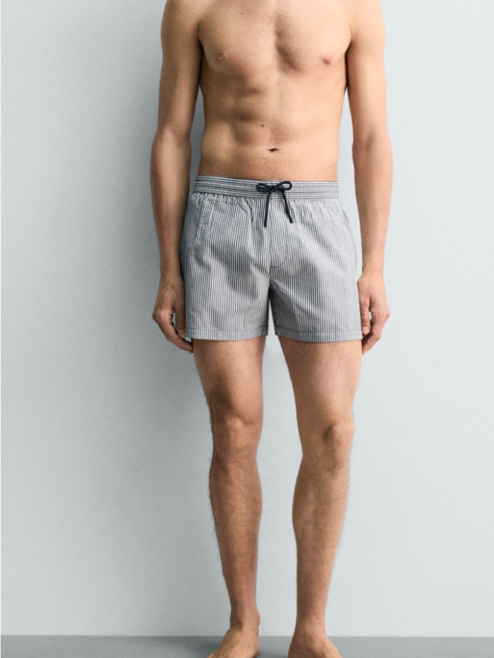 Zara Mens Seersucker Blue & White Pinstripe Swim Shorts